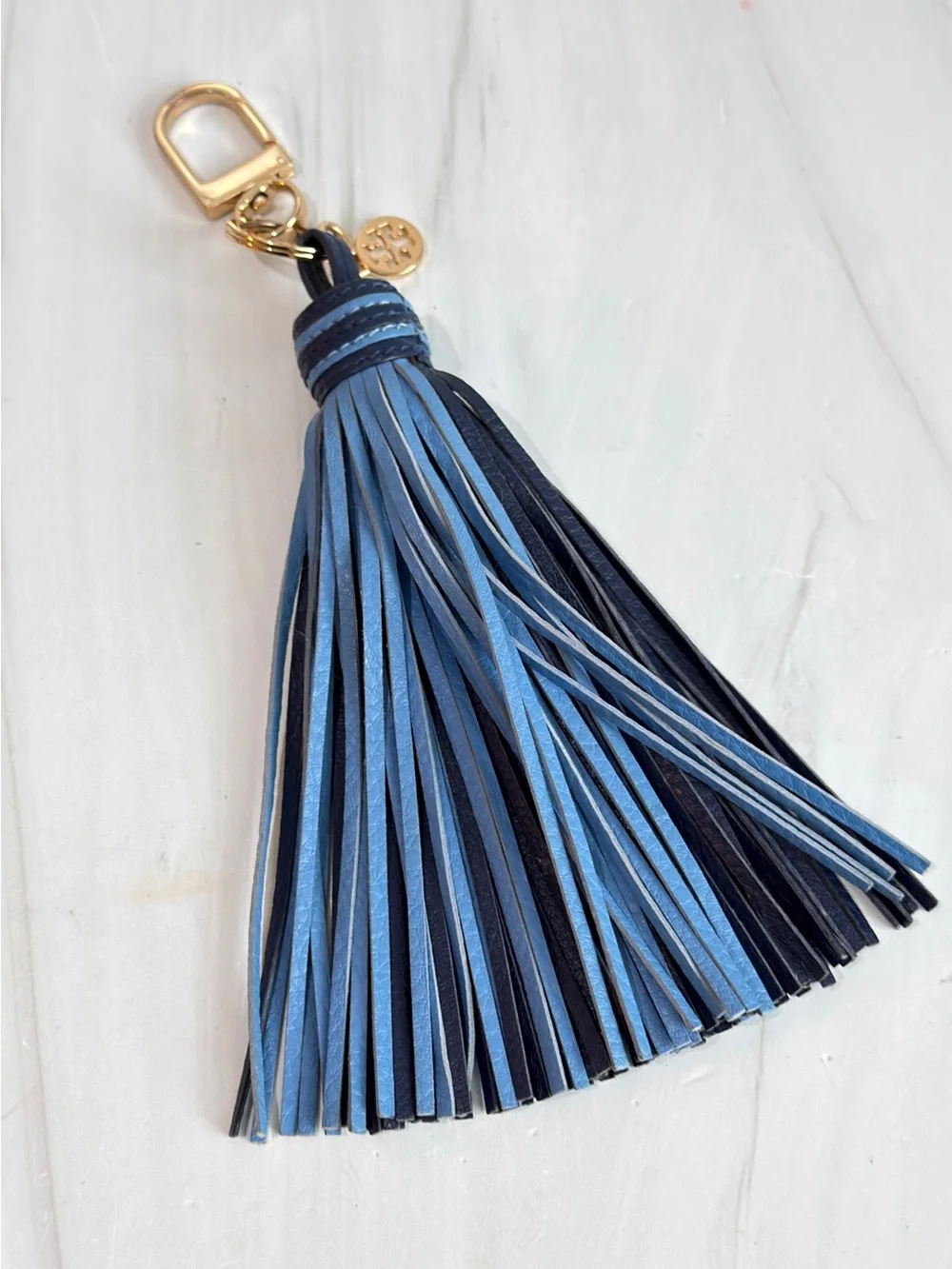 TORY BURCH LEATHER TWO TONE BLUE LIGHT BLUE KEY FOB PURSE CHARM TASSEL